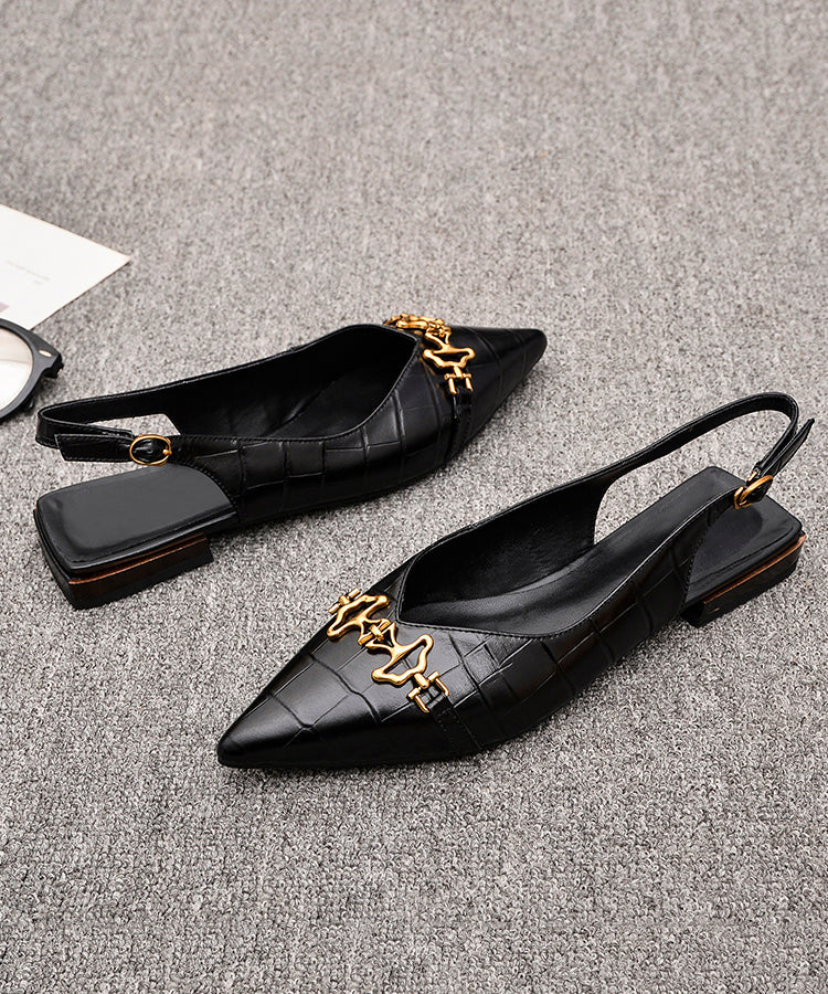Black Fashion Cowhide Sandals Leather Splicing Sequined Pointed FashionChic