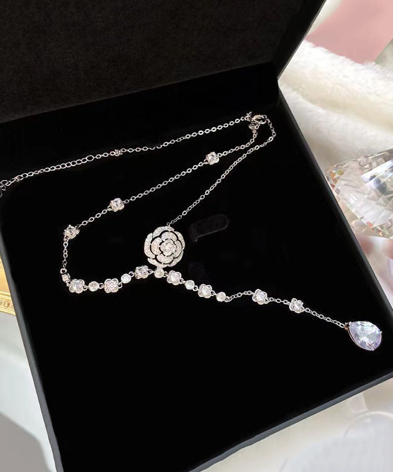 Fashion Silk Sterling Silver Zircon Rose Tassel Pendant Necklace KX1034 Ada Fashion