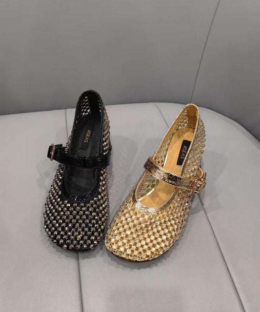 Fashion Black Mesh Zircon Breathable Splicing Chunky Shoes FashionChic