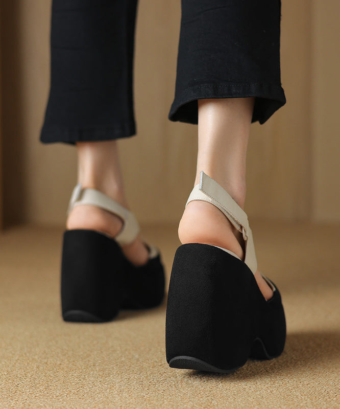 Cowhide White Leather Splicing Sandals Fashion Platform Hollow FashionChic