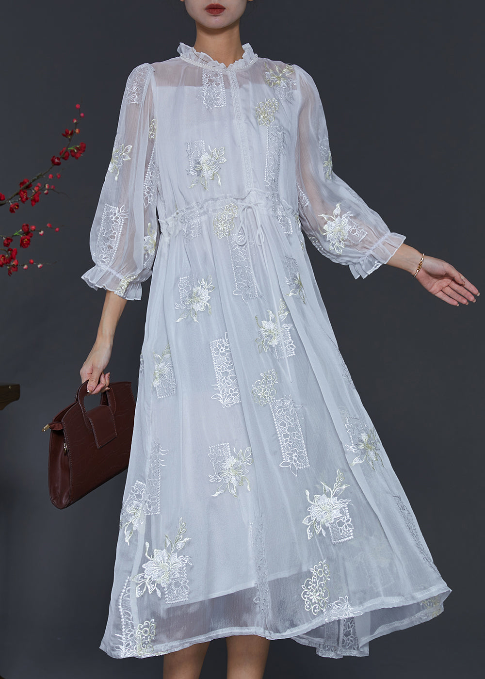 Fashion White Embroidered Silk Cinched Dresses Summer SD1045 Ada Fashion