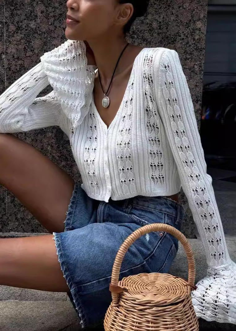 White Hollow Out Knit Sleeve Shirts Fashion Flare FashionChic