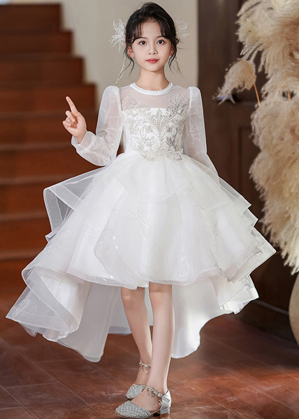 Fashion White O-Neck Low High Design Tulle Girls Maxi Dresses Spring YE003 ABC
