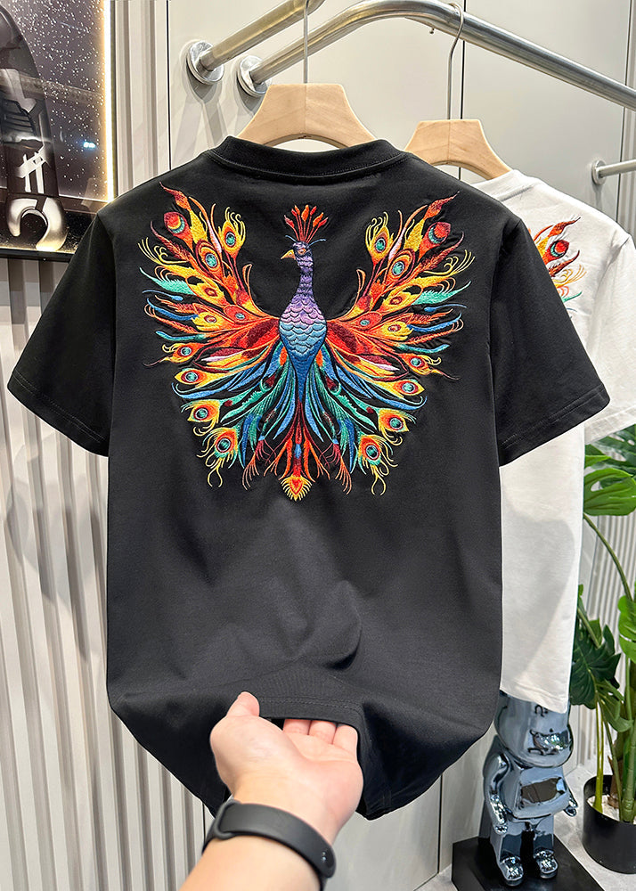 Embroideried Men Summer White Cotton Peacock T Fashion Shirt FashionChic