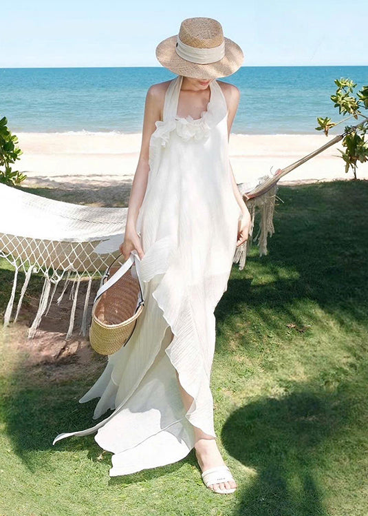 Cotton Patchwork Ruffled Dresses Asymmetrical White Fashion FashionChic
