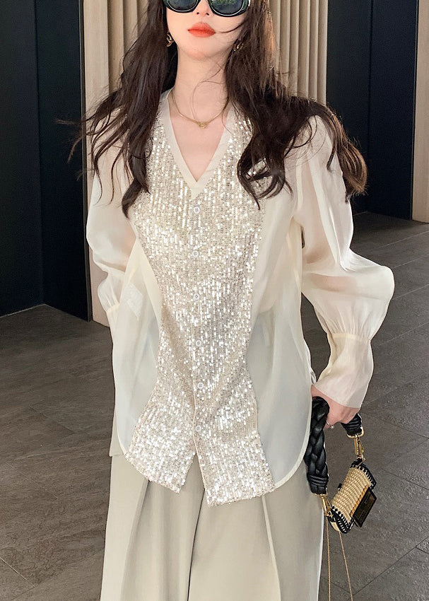 Fashion White V Neck Sequins Patchwork Silk Blouses Long Sleeve OP1029 Ada Fashion
