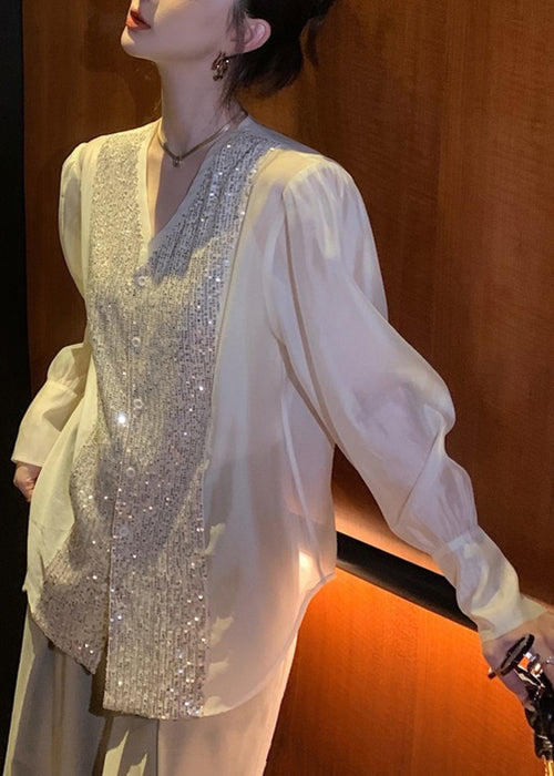 Fashion White V Neck Sequins Patchwork Silk Blouses Long Sleeve OP1029 Ada Fashion