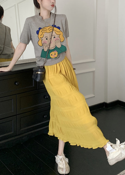Fashion Yellow Elastic Waist Wrinkled Cotton Skirt Summer BV005 MZF-SKTS240702
