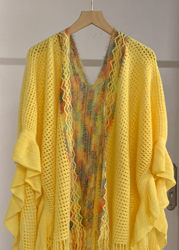 High Sleeve Knit Tassel Fashion Shawl Design Low Yellow Batwing FashionChic