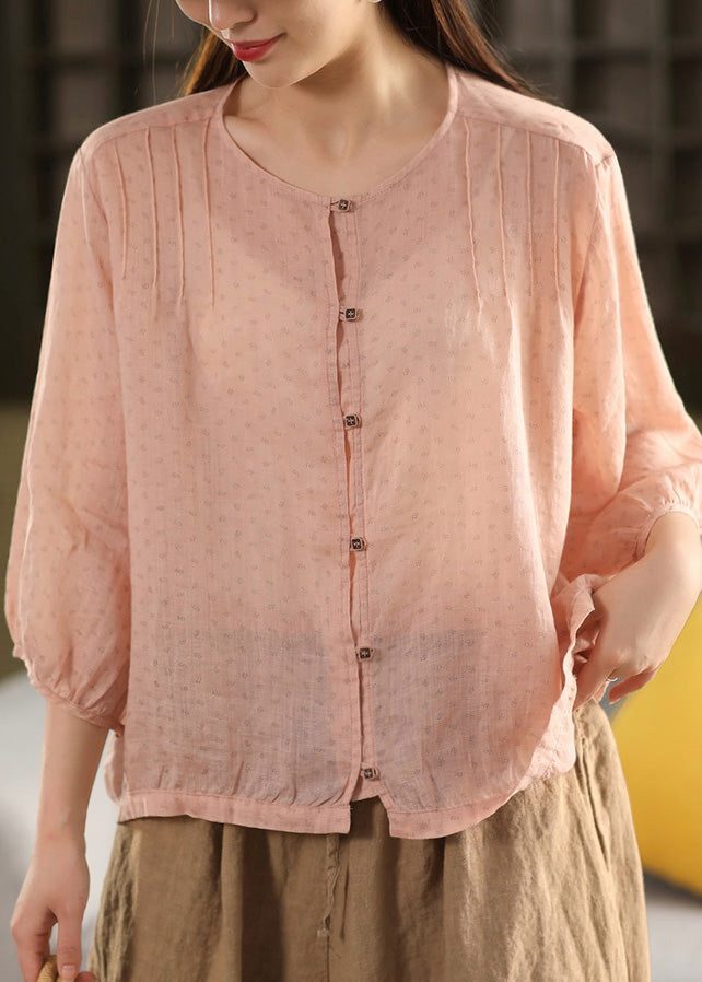 Button Summer Linen Top Fashion O Neck Yellow FashionChic