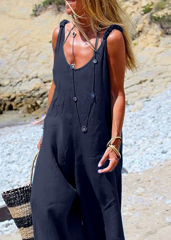leg Side Jumpsuit Wide Button Navy Female Blue Sleeveless FashionChic