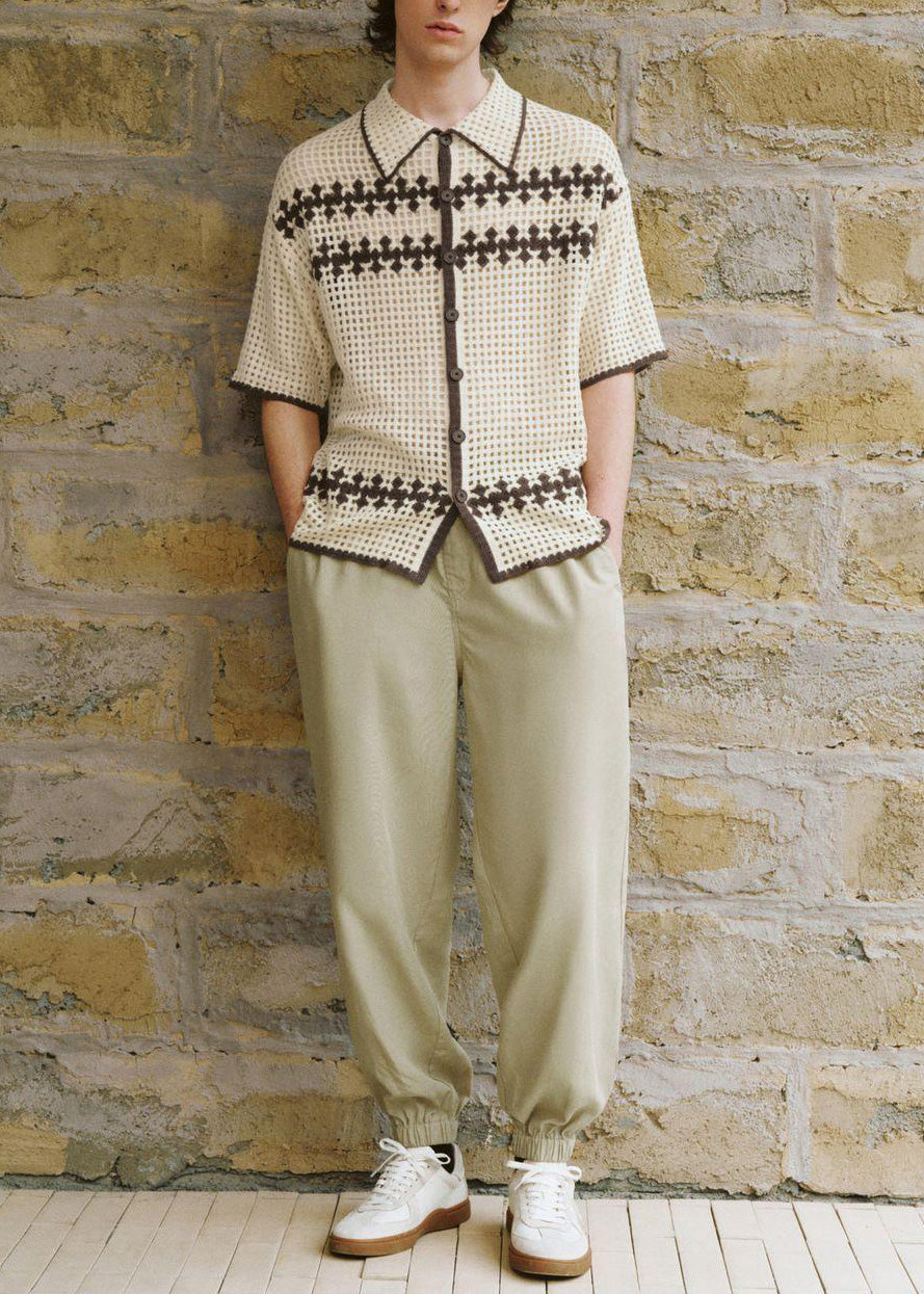 Men Apricot Shirt Knit Out Hollow Polo Fine Summer FashionChic