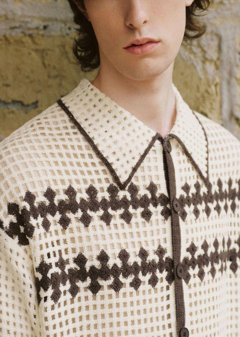 Men Apricot Shirt Knit Out Hollow Polo Fine Summer FashionChic