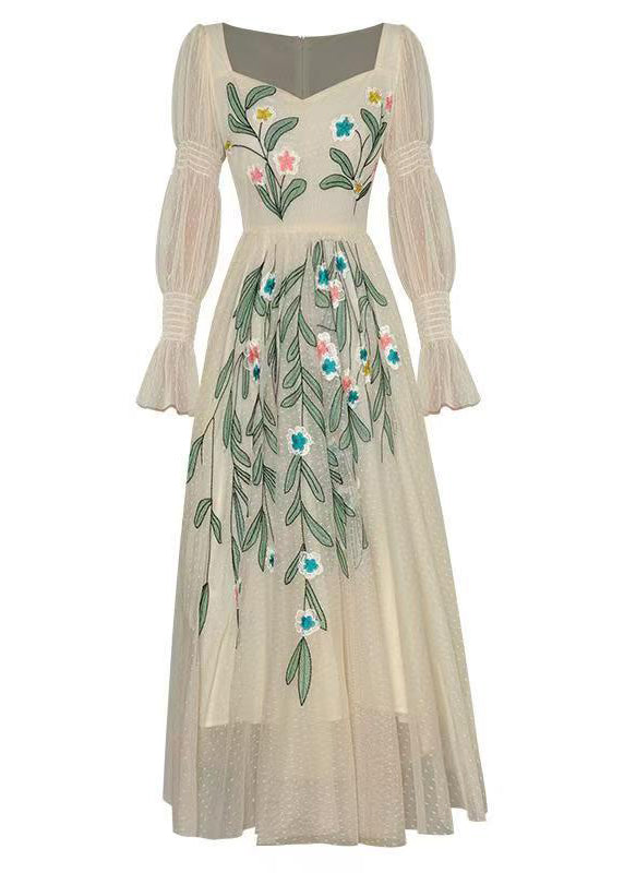 Fine Apricot Square Collar Embroidered Patchwork Tulle Dress Long Sleeve XX074 SH-LF-FDL240611