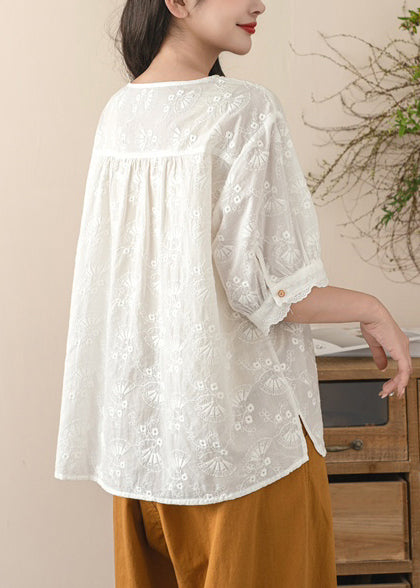 Beige Cotton Tops Fine Embroidered Shirt Summer FashionChic