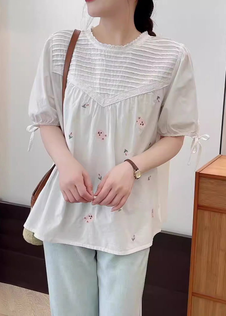 Beige Wrinkled Fine Shirt Summer Embroidered Cotton FashionChic
