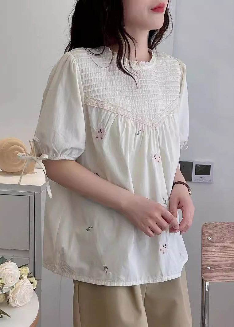 Beige Wrinkled Fine Shirt Summer Embroidered Cotton FashionChic