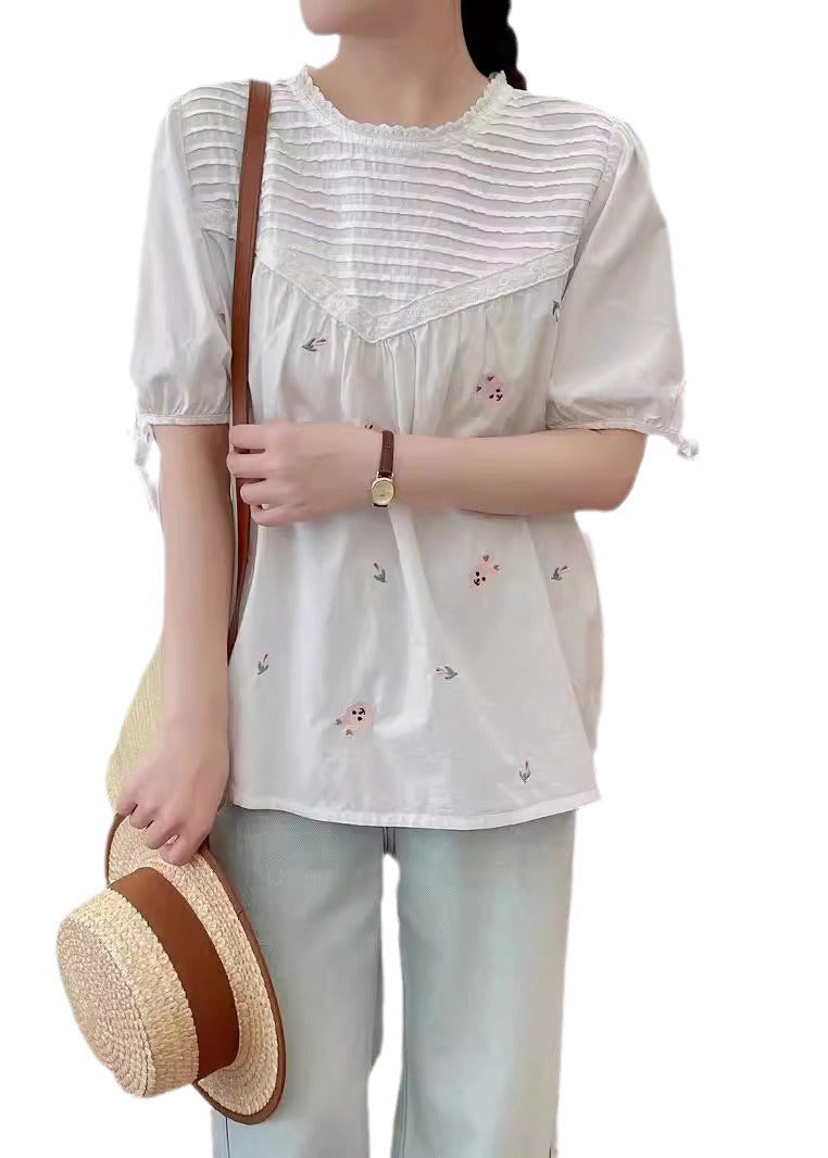 Beige Wrinkled Fine Shirt Summer Embroidered Cotton FashionChic