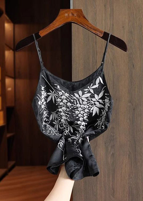Strap Summer Spaghetti Vests Fine Silk Embroidered Black FashionChic