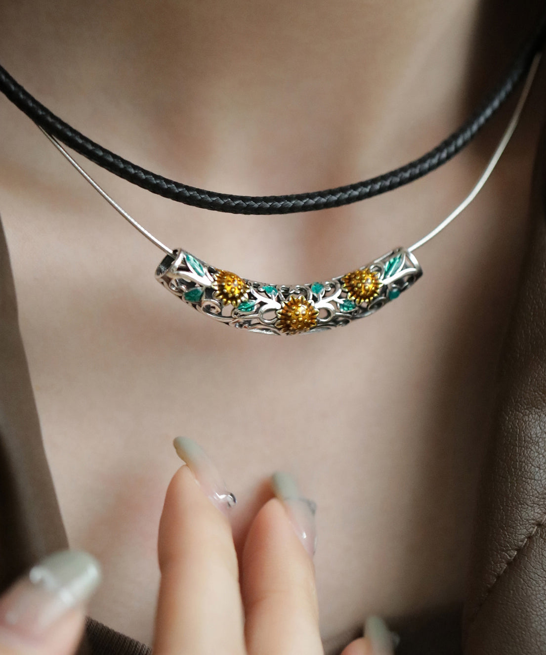 Fine Black Sterling Silver Crystal Sunflower Choker KX1031 Ada Fashion