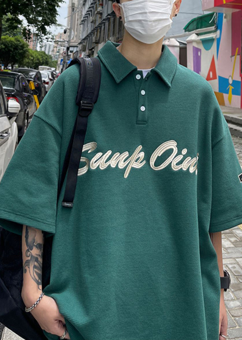 Blackish Fine Shirts Summer Letter Green Cotton Button Men Polo FashionChic