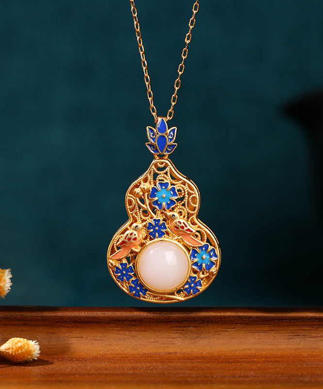 Fine Blue Ancient Gold Jade Enamel Lotus Flower Gourd Pendant Necklace KX1073 Ada Fashion