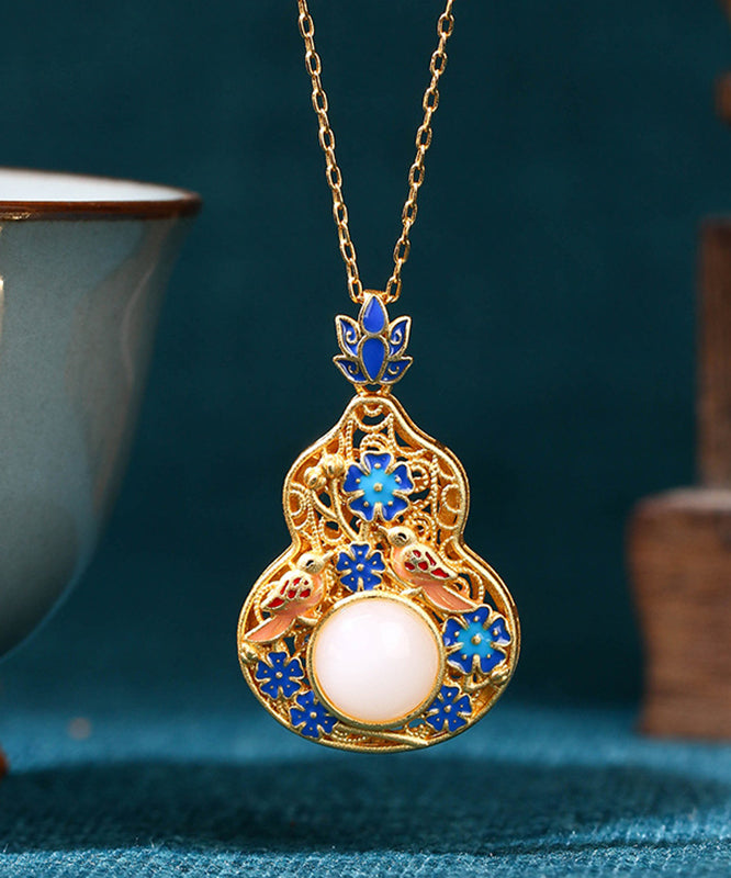 Fine Blue Ancient Gold Jade Enamel Lotus Flower Gourd Pendant Necklace KX1073 Ada Fashion