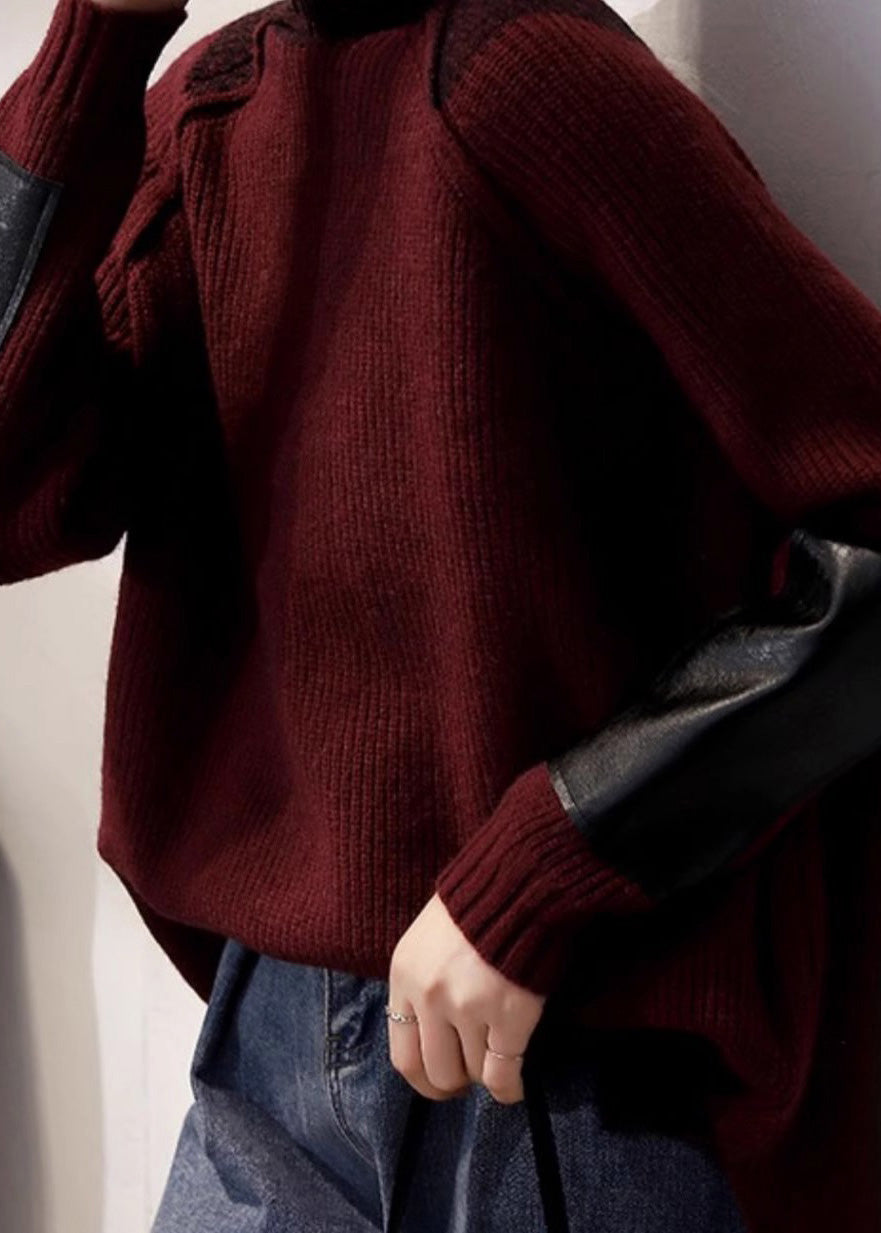 Fine Coffee Turtleneck Patchwork Thick Cotton Knit Sweater Tops Winter RK011 ABC