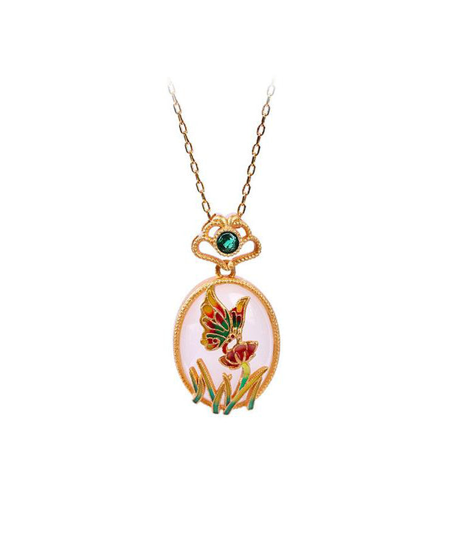 Fine Gold Copper Overgild Jade Crystal Butterfly Floral Pendant Necklace KX1069 Ada Fashion