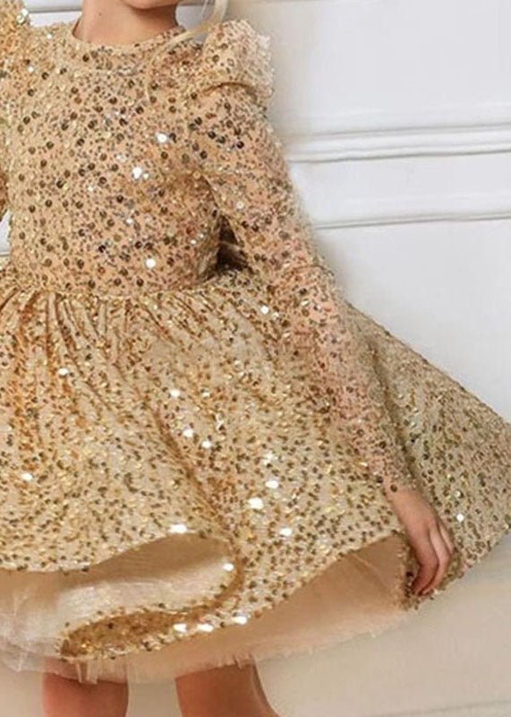 Fine Gold O-Neck Sequins Tulle Kids Long Dresses Spring YS009 ABC