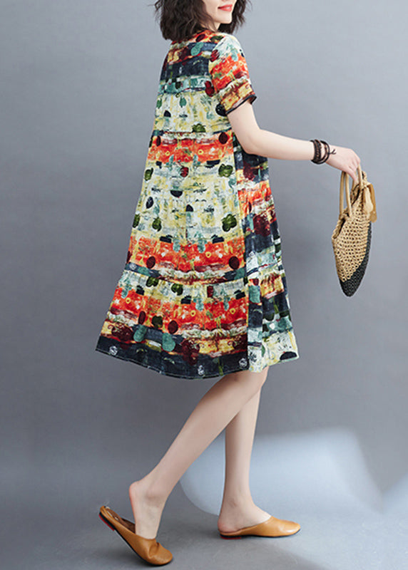 Fine Green O-Neck Print Ruffled Patchwork Mid Dress Summer VB1014 Ada Fashion