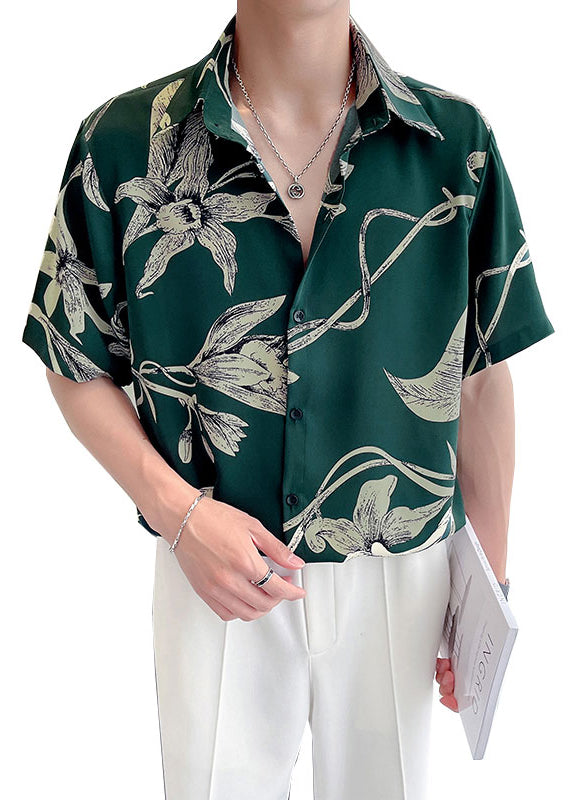 Fine Green Peter Pan Collar Print Loose Men Hawaiian Shirts Summer HG031 Men-Silk-MENSTP240725