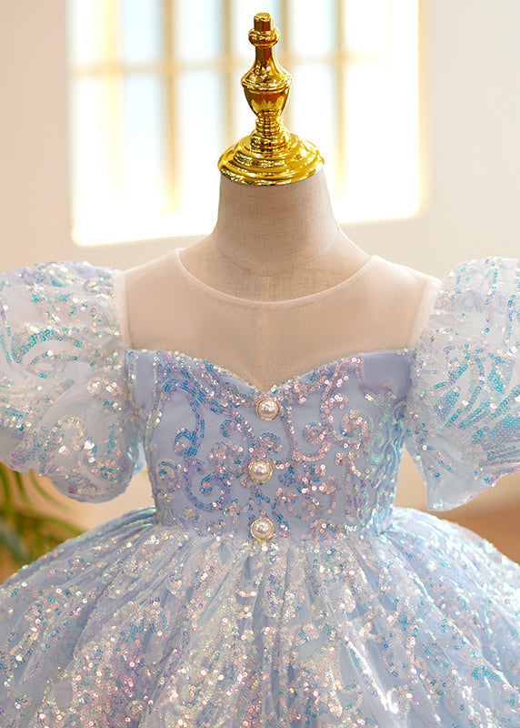 Fine Light Blue O-Neck Sequins Tulle Girls Party Long Dress Summer YS035 ABC