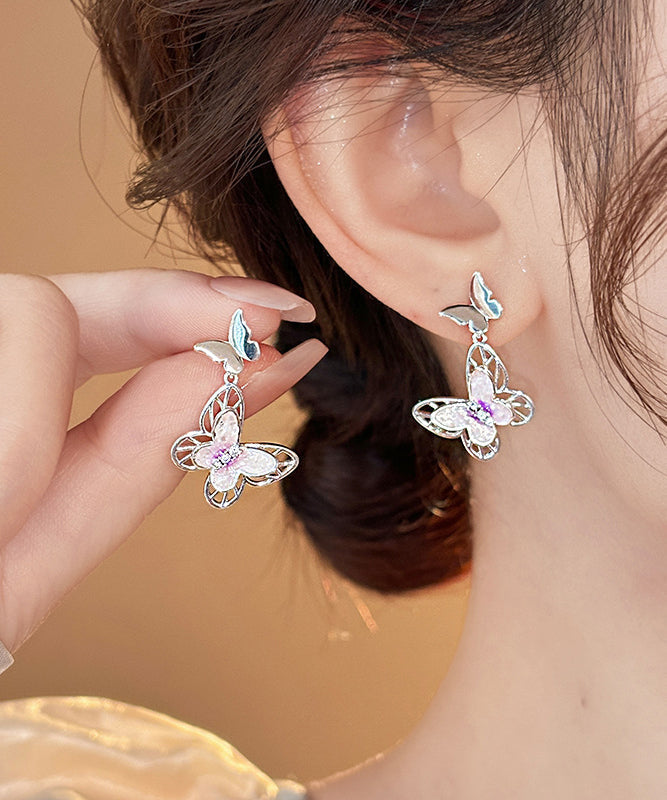 Glaze Pink Drop Butterfly Earrings Copper Hollow Fine Out FashionChic