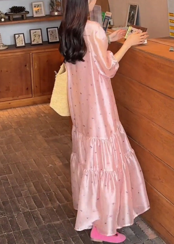 O-Neck Dress Fine Sleeve Print Pink Long Bracelet Silk FashionChic