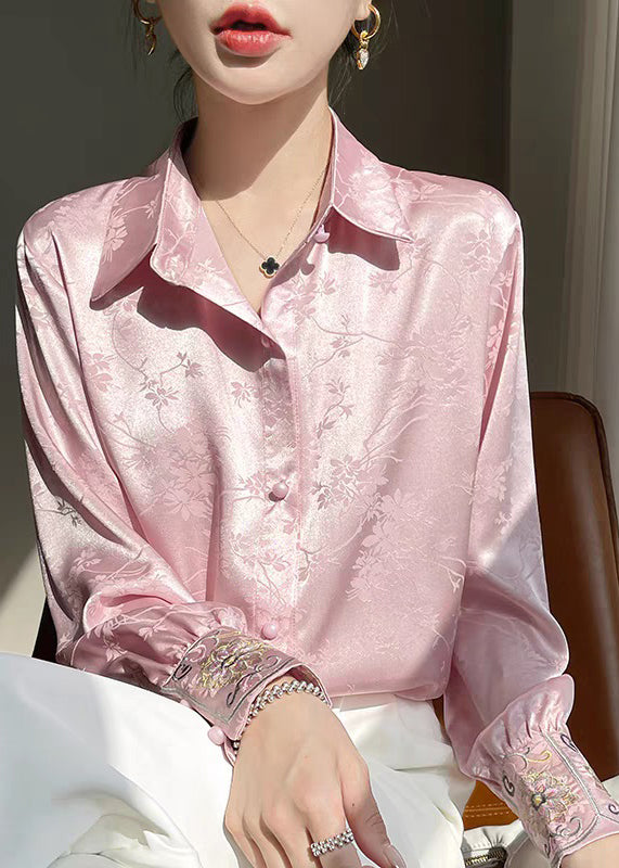 Embroidered Pan Silk Fine Pink Peter Collar Blouse FashionChic