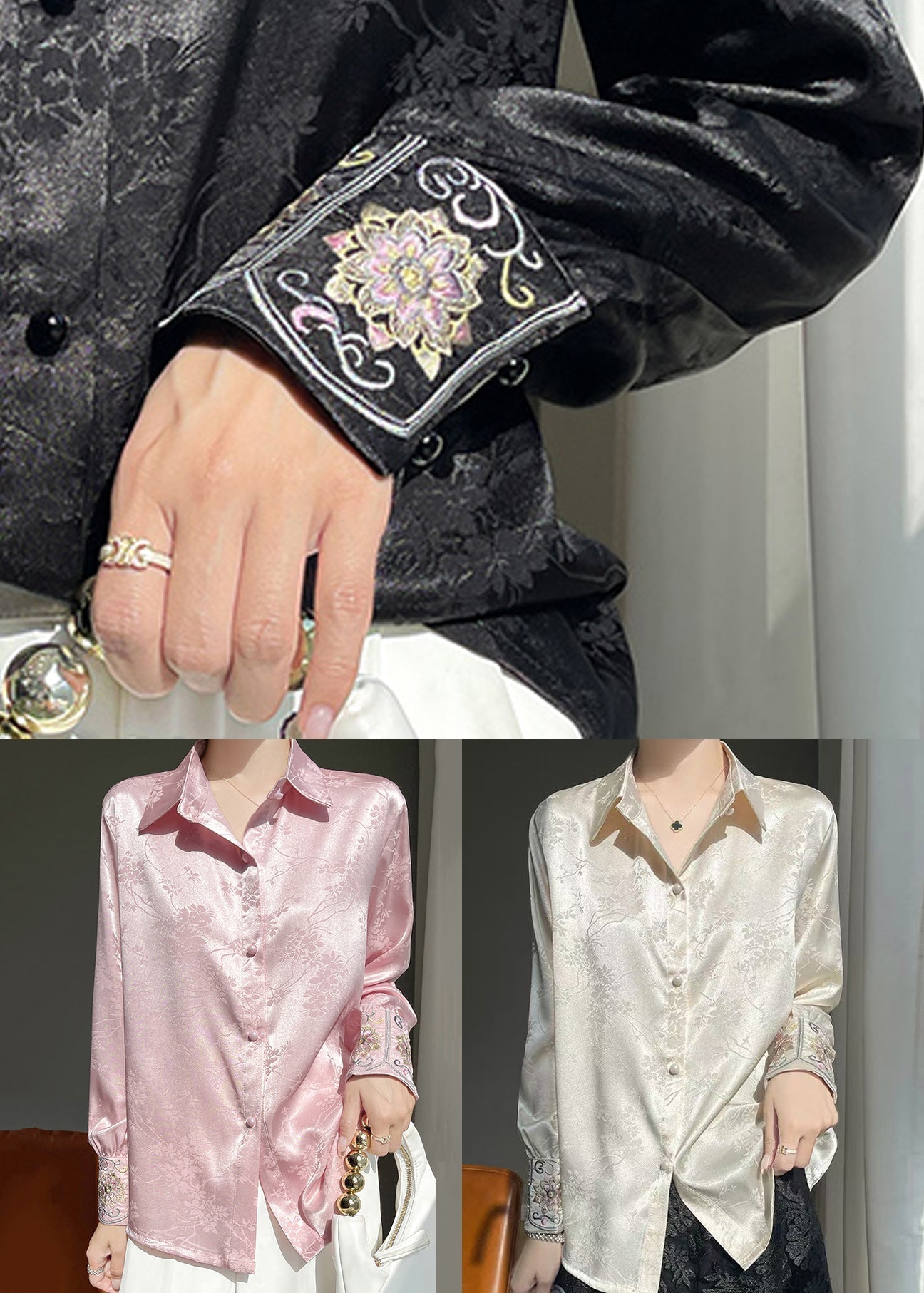 Embroidered Pan Silk Fine Pink Peter Collar Blouse FashionChic