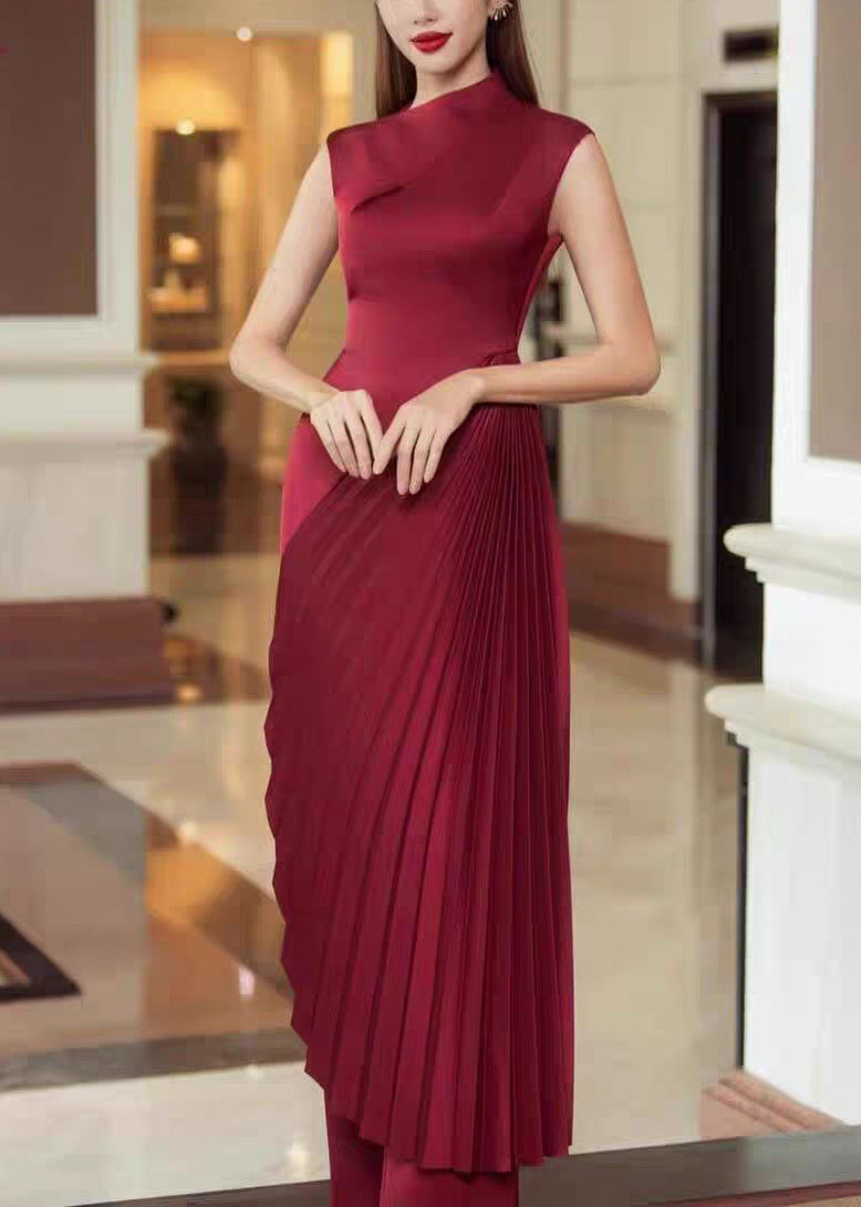 Dress Sleeveless Wrinkled Red Long Asymmetrical Silk Fine FashionChic