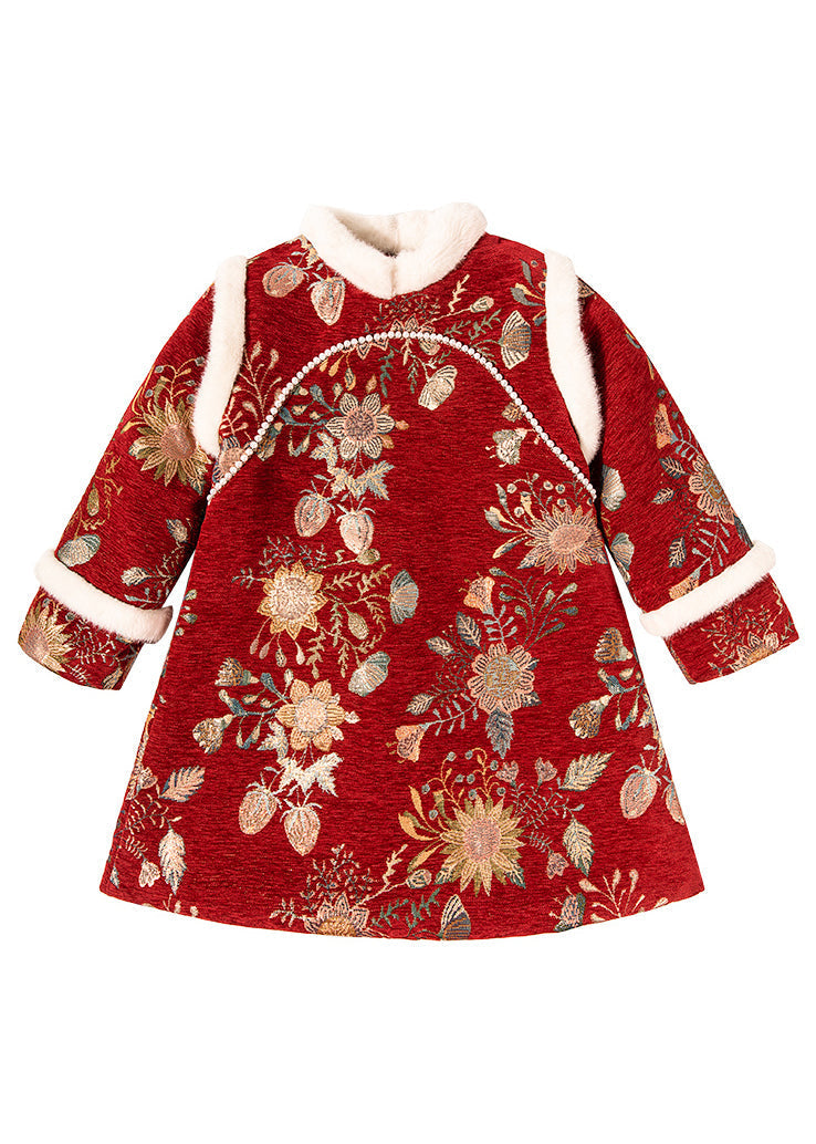 Fine Red Fur Collar Print Kids Long Dress Winter TR008 ABC