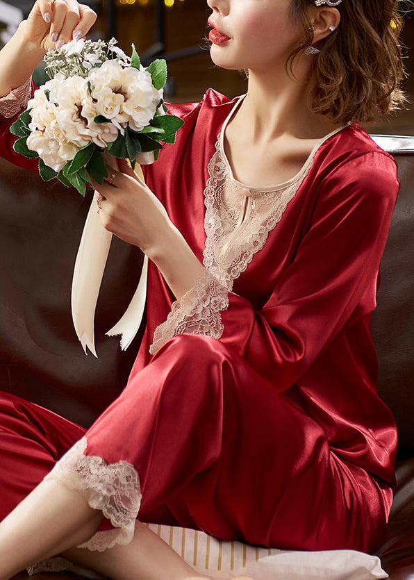 O Red Neck Set Fine Two Silk Patchwork Lace Pajamas Fall Pieces FashionChic
