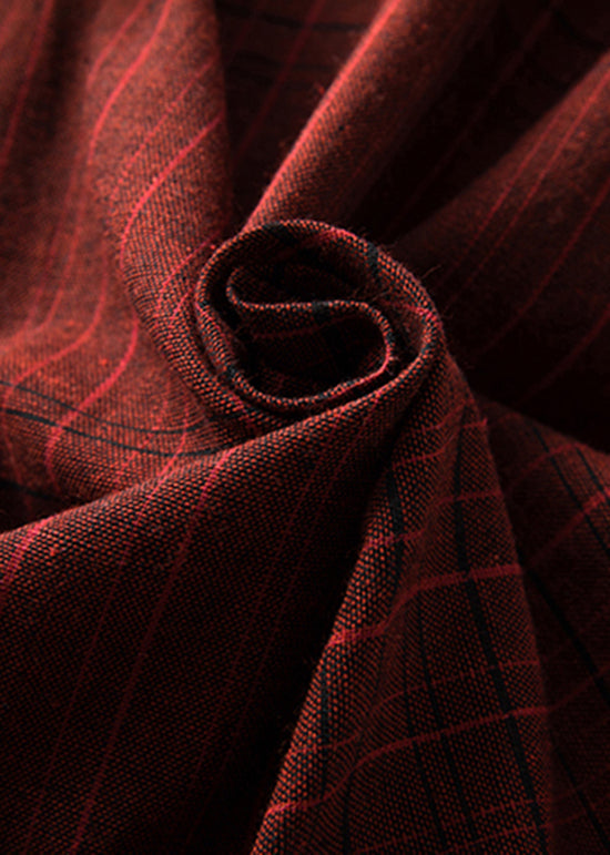 Fine Red Peter Pan Collar Plaid Tie Waist Linen Dresses Summer AM1066 Genistyle Shop