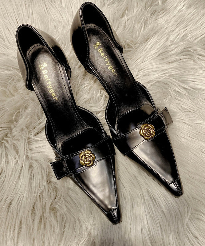 Toe Heels Fine Pointed High Stiletto Black Splicing Sheepskin FashionChic