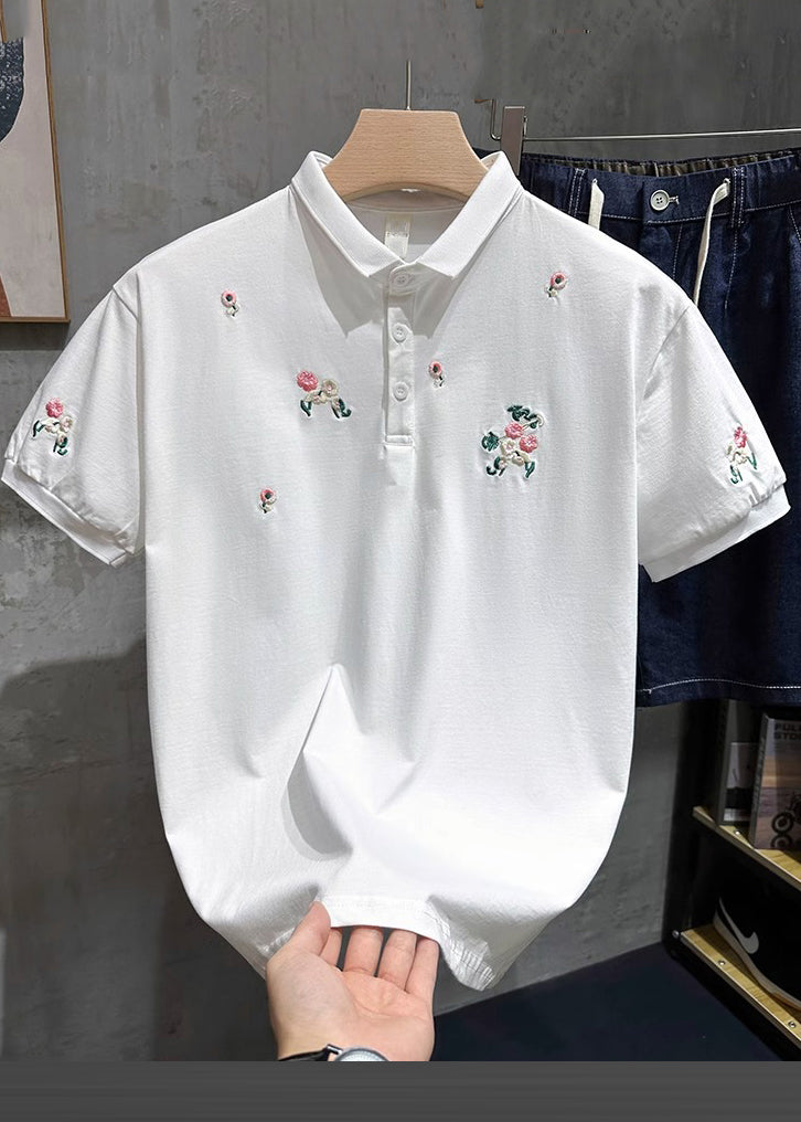 Polo Fine Mens White Embroideried Shirts Button Cotton Summer FashionChic
