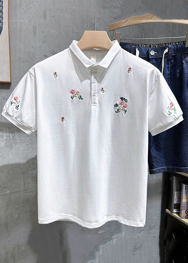 Polo Fine Mens White Embroideried Shirts Button Cotton Summer FashionChic