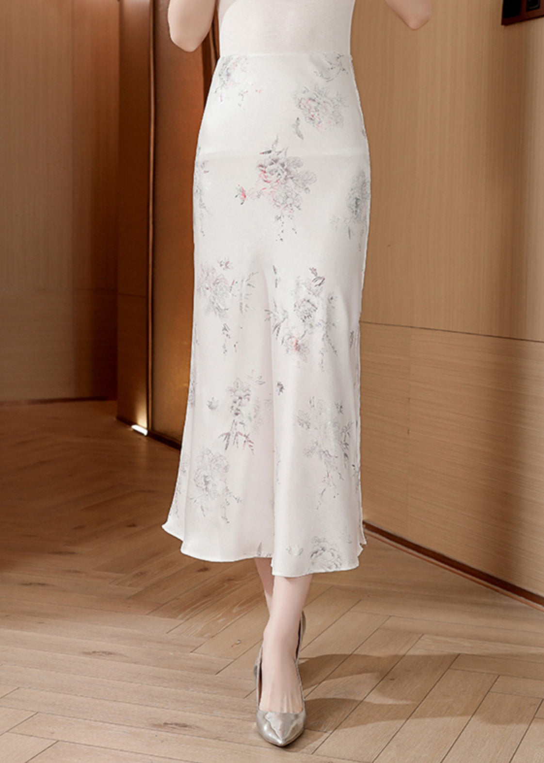 Fine White Print Side Open Silk Skirt Summer OO029 OM-CS240814
