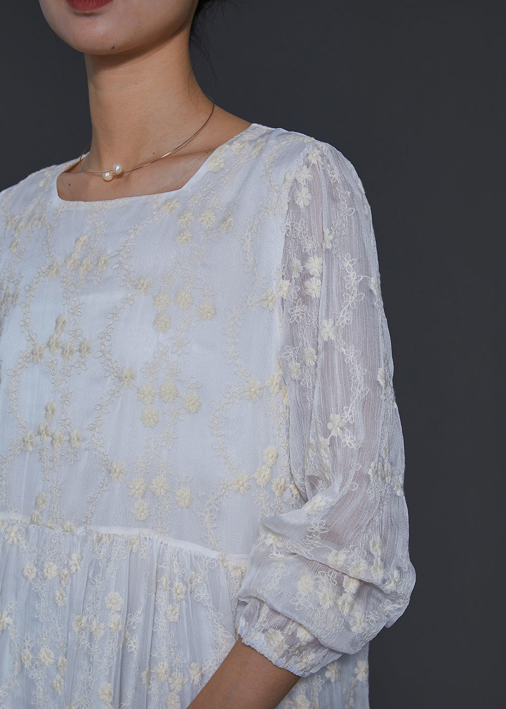 Fine White Square Colla Embroidered Silk Long Dress Spring SD1105 Ada Fashion