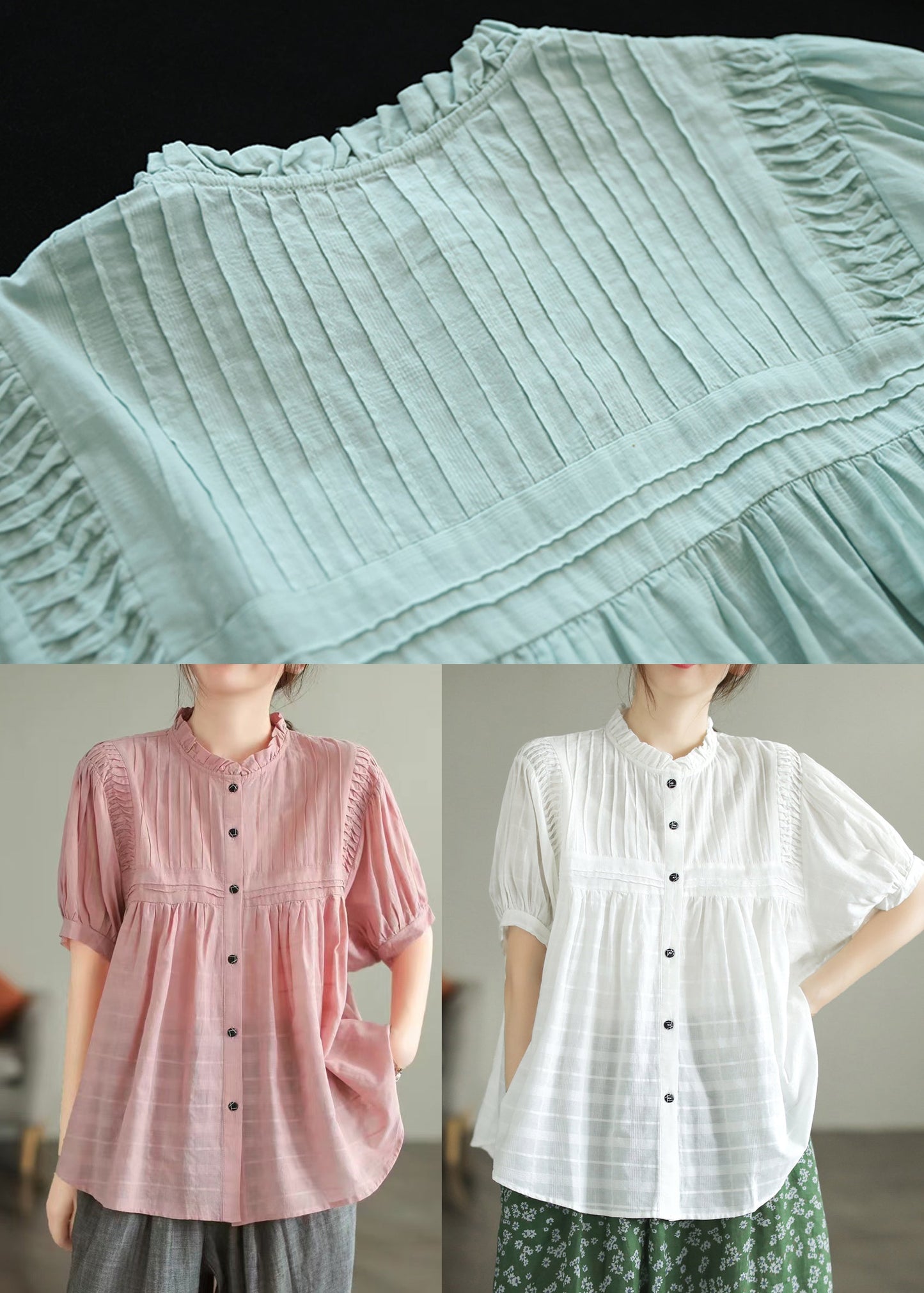 Stand Summer Wrinkled Fine Blouse Cotton Top White Collar FashionChic