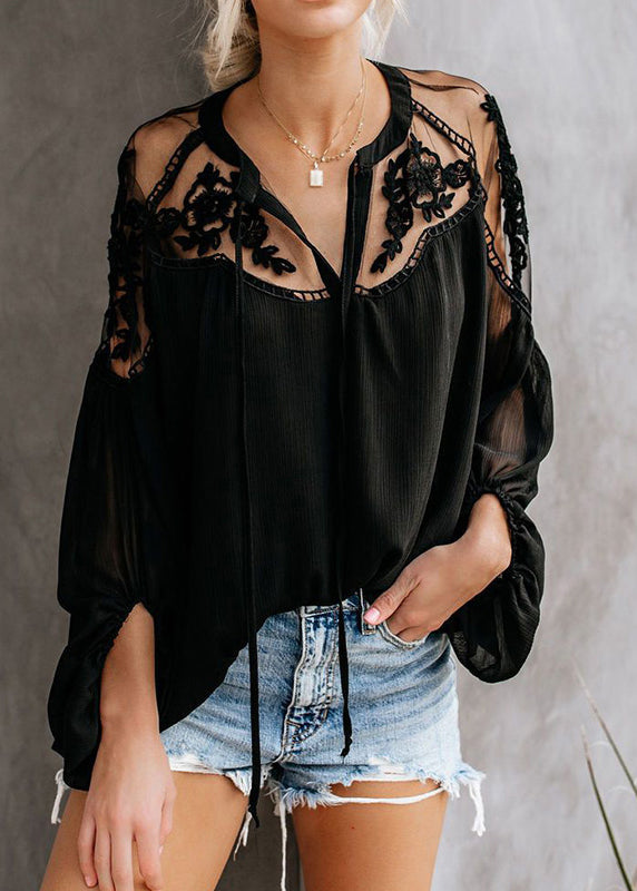 White Lace V Patchwork Shirt Fine Neck Fall FashionChic