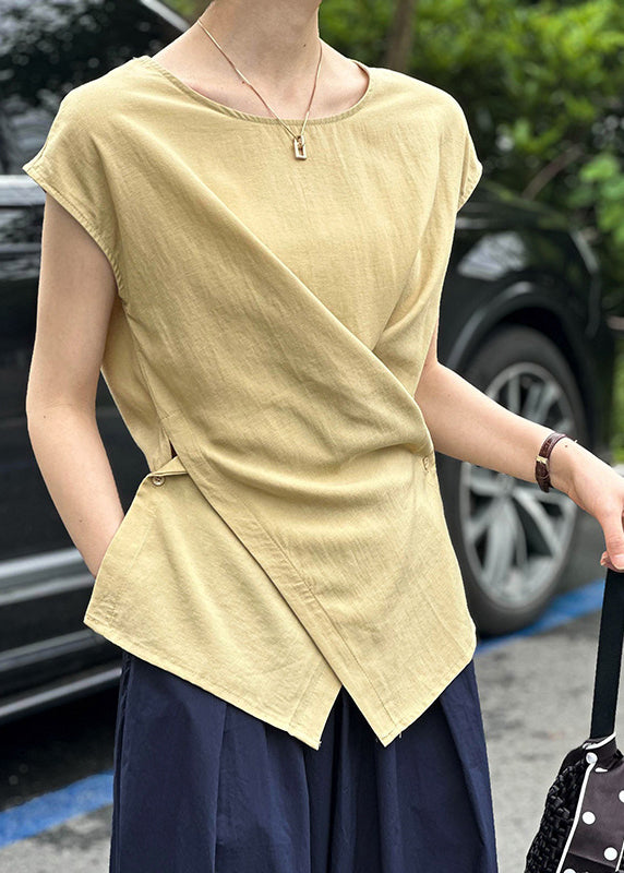 Yellow Fine Short Asymmetrical Sleeve Solid Top FashionChic