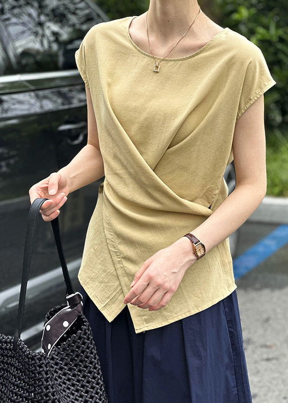 Yellow Fine Short Asymmetrical Sleeve Solid Top FashionChic